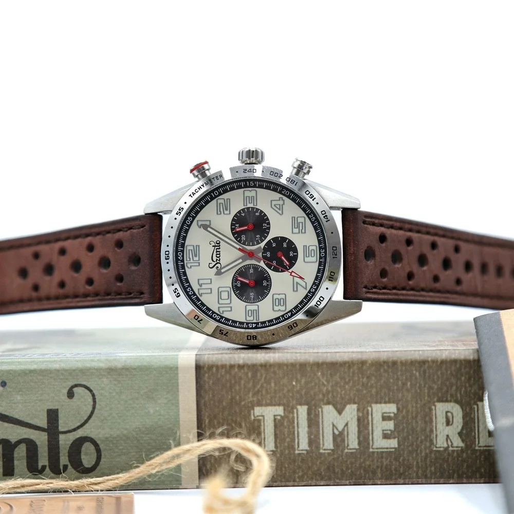 SZANTO TIME 3000 Series Mens Quartz White Dial Stainless Steel Chronograph Watch